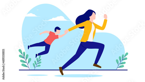 Mother with child running - Parent in a hurry with son being late for work. Stress and parenthood time crunch concept in flat design vector illustration with white background