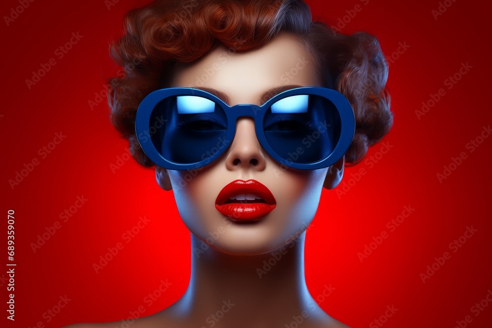 Close up retro portrait of a beautiful brunette woman with sunglasses on red background with copy space, retro style, poster, cutout