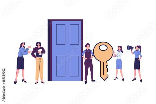 people open the door with a key, lock, making keys urgently flat vector illustration