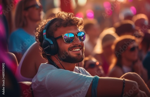 dj sitting up in the crowd at a festival with headphones,