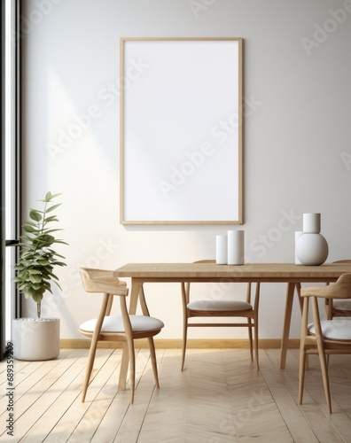 empty dining room with a frame and a rug,