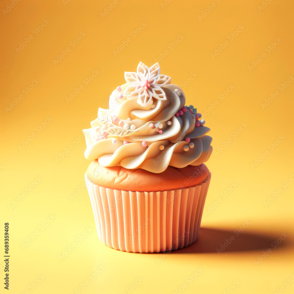 a cupcake with white frosting on a yellow background. ai generative a cupcake with white frosting on a yellow background. ai generative