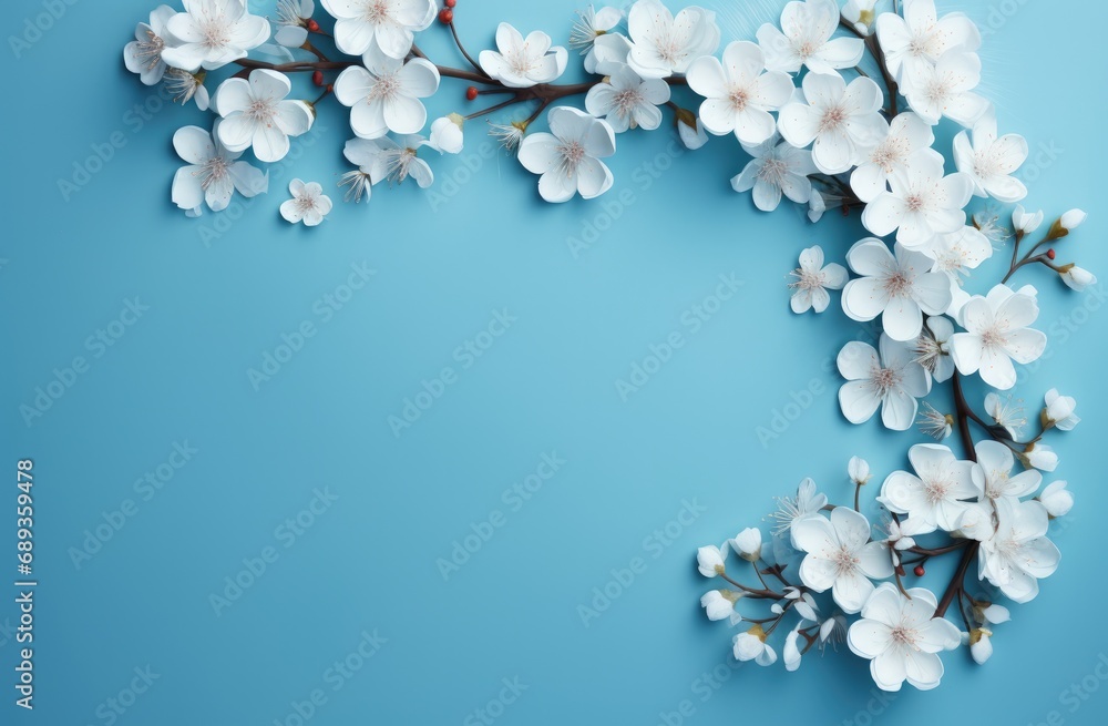 frame on blue background with white flowers, frame on blue background with white flowers,