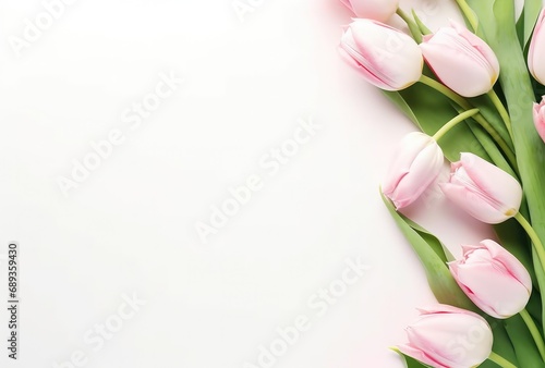 flowers of tulips and aspidistra on white background with copy space #689359430