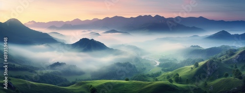 fog and a mountain top at sunset,