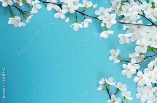 frame on blue background with white flowers,