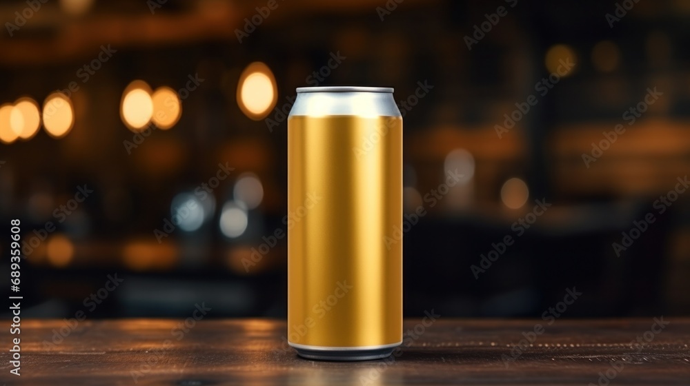 gold beer can with blank front, realistic on a mockup template in a table in a irish pub, gold beer can with blank front, realistic on a mockup template in a table in a irish pub,