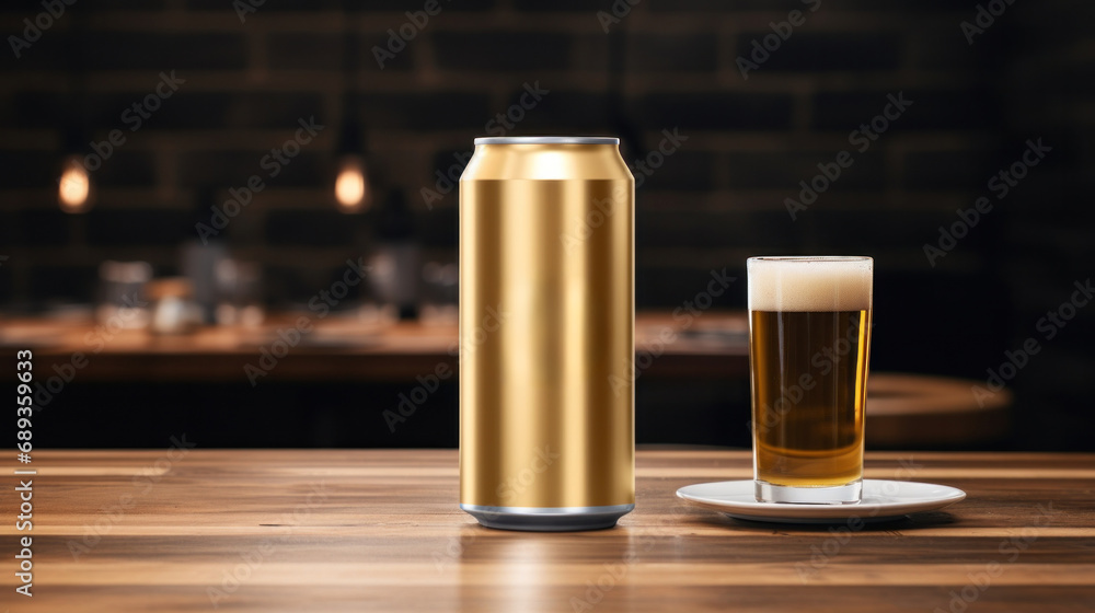 gold beer can with blank front, realistic on a mockup template in a table in a irish pub, gold beer can with blank front, realistic on a mockup template in a table in a irish pub,