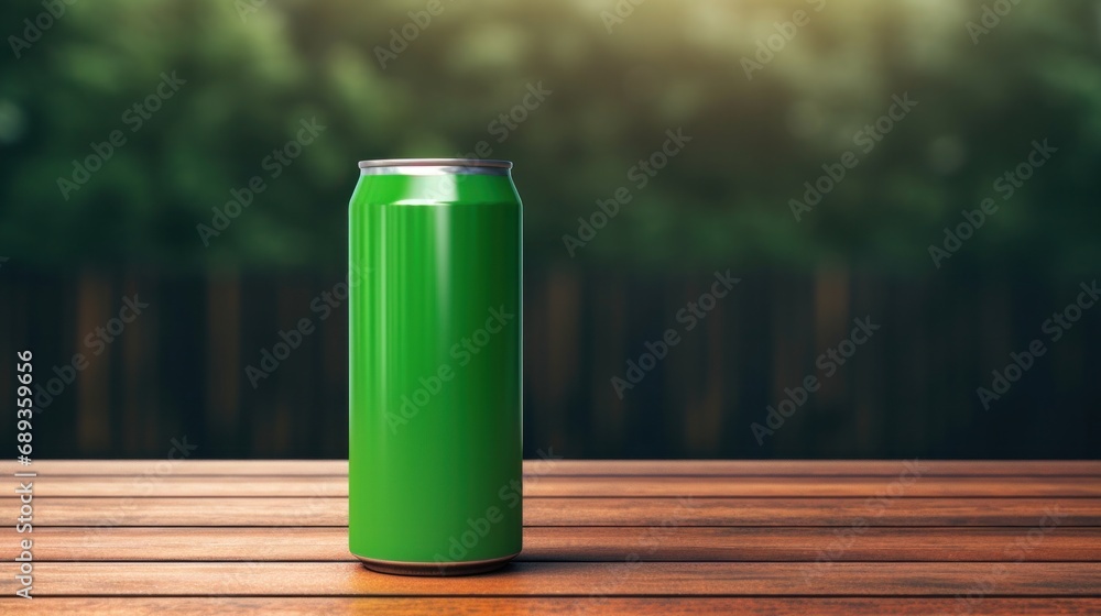 green beer can with blank front, realistic on a mockup template in a wooden table in a irish pub, green beer can with blank front, realistic on a mockup template in a wooden table in a irish pub,