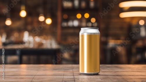 gold beer can with blank front, realistic on a mockup template in a table in ...