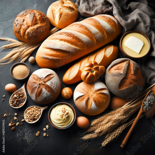 Bread, buns and bread rolls on black background, assortment of different types breads on dark background. ai generative