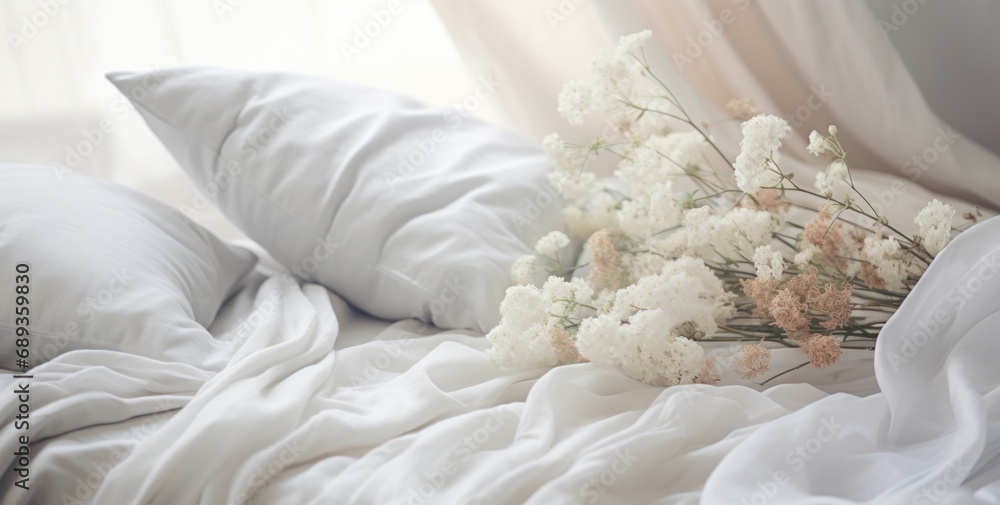 Fototapeta premium image of a bed with white blankets,