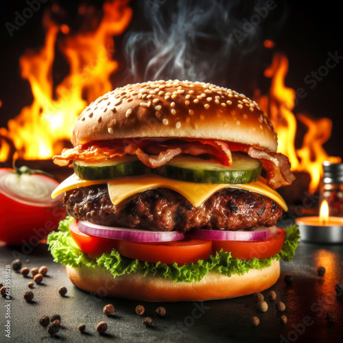 Fresh tasty burger on dark with fire background. ai generative