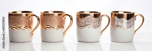 in ceramic mugs, arranged on white background,