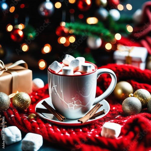 A cozy mug of hot coffee drink with marshmallows with candy on a red knitted blanket against the background of Christmas tree toys and gift boxes.