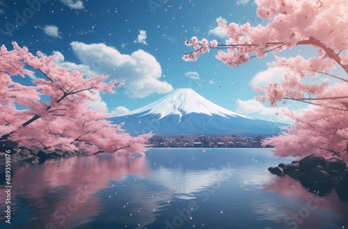 japanese cherry blossoms over lake fuji and clouds,