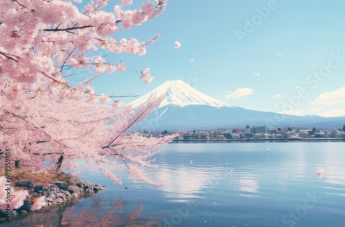 japanese cherry blossoms over lake fuji and clouds,