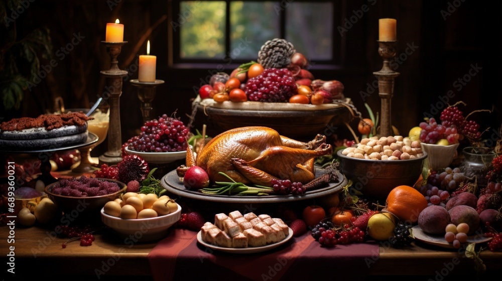 A sumptuous feast featuring turkey, cranberry sauce, and pumpkin pie during Thanksgiving.