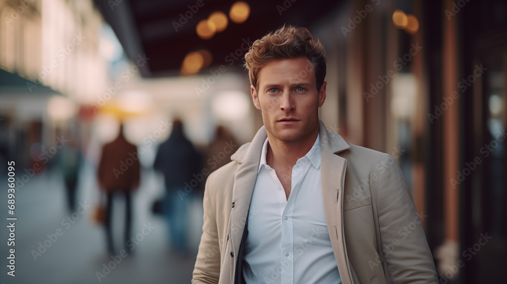 A beautiful man walks through the streets of the city. Handsome male enjoy holidays and shopping in town. Beautiful historical architecture. Travel weekend. Adventure lifestyle. Generated AI