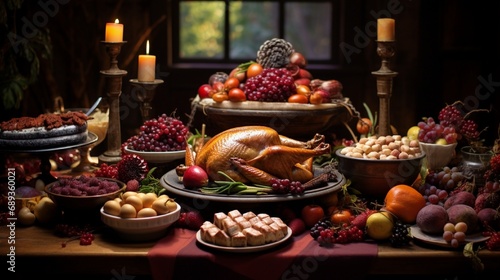 A sumptuous feast featuring turkey  cranberry sauce  and pumpkin pie during Thanksgiving.
