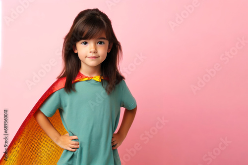 kid girl wearing a vibrant superhero cape on solid color background. ai generative