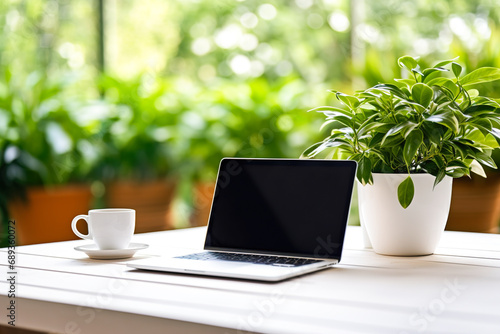 A laptop and a white cup stand on a wooden table on a plant green background.