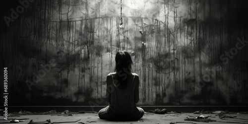a sad woman sitting on old wooden floor in a sparse room with worn walls photo