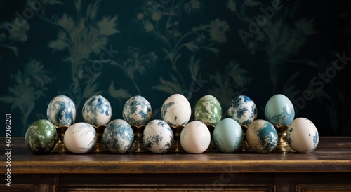 many green painted eggs on a counter,