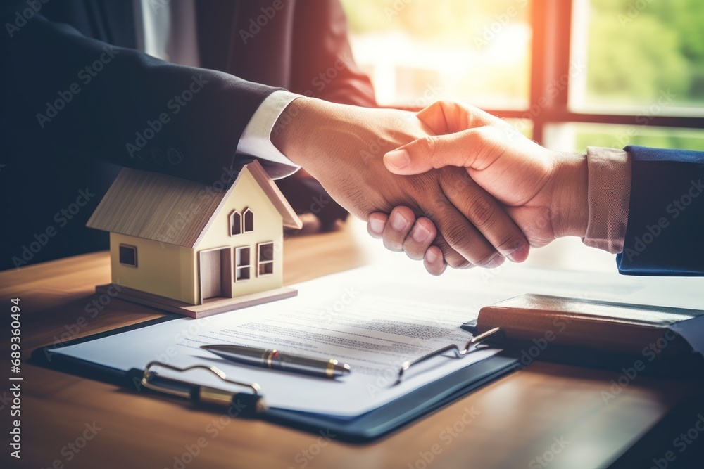 Fototapeta premium Real estate agents and clients are negotiating prices before signing and discussing home purchases, insurance or real estate loans