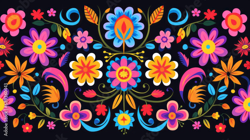Traditional Mexican floral pattern on black background. Vibrant Spirit of Mexico with Authentic flowers pattern