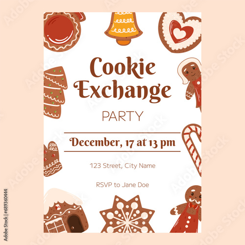 Christmas poster template, Invitation for Xmas cookie swap party. Vertical flyer decorated with gingerbread cookies, house, snowflake and candy cane, cookie man and woman