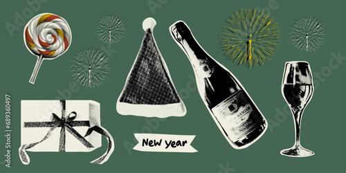 Collage design elements in trendy dotted pop art style. Christmas and New Year stickers in a trendy halftone style, including champagne, wine glass, gift box, Santa hat, Christmas candy and fireworks.