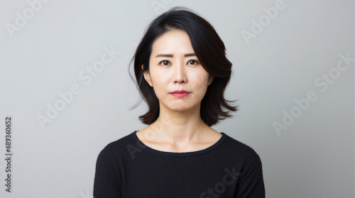 45 year old asian woman not smiling, no glasses