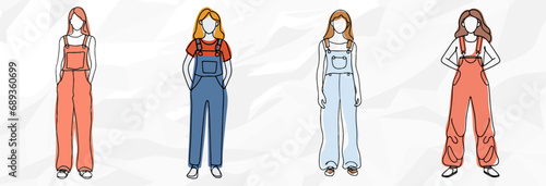 Lässige Latzhosen: Lineart Vektorgrafik-Bundle von anonymen Frauen in Latzhosen