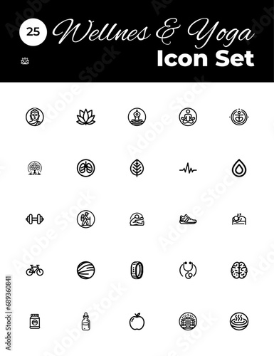 Minimalist Web Icon Set: Yoga, Heart, Meditation, Vitamins - Simple & Clear Line Art for Adobe Illustrator