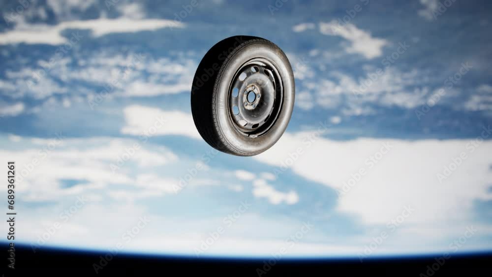 Close-Up of an Object Flying in the Sky: An Old Tire Wheel Soars in Earth's Orbit Close-Up of an Object Flying in the Sky: An Old Tire Wheel Soars in Earth's Orbit