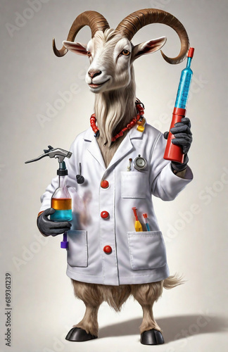 anthropomorphic caricature goat wearing a chemistry clothing with chemical tools