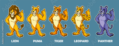 lion puma lioness tiger panther leopard cartoon mascot set