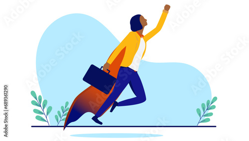Businesswoman superhero - Ethnic business person with cape flying upwards to success. Flat design vector illustration with white background