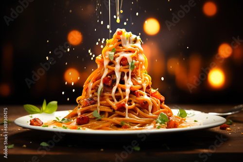 A towering pile of delicious pasta, adorned with a rich sauce that elegantly drips over the top.