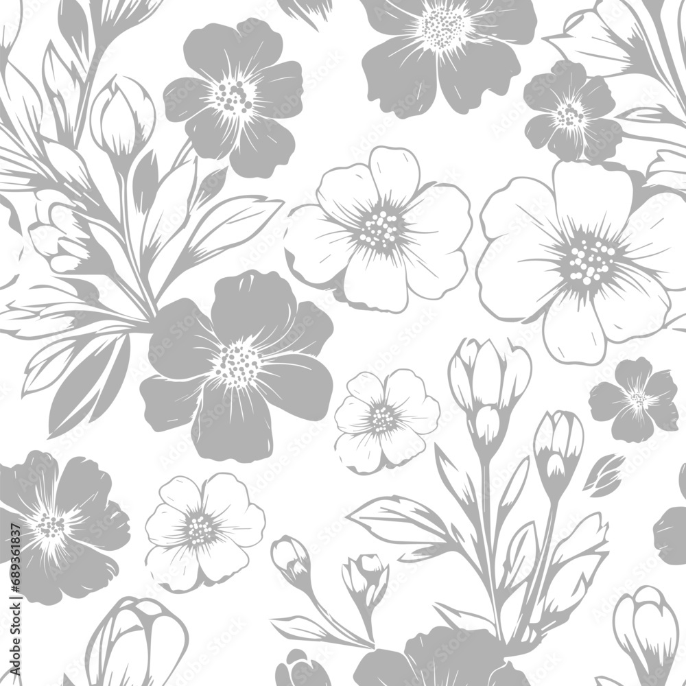 Pattern with thin curl lines and stylized leaves hand drawing. Not AI, Monochrome abstract floral linear texture. Seamless vector gray with butterflies design. Pattern with thin curl lines and stylized leaves hand drawing. Not AI, Monochrome abstract floral linear texture. Seamless vector gray with butterflies design.