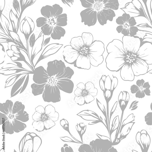 Pattern with thin curl lines and stylized leaves hand drawing. Not AI, Monochrome abstract floral linear texture. Seamless vector gray with butterflies design.