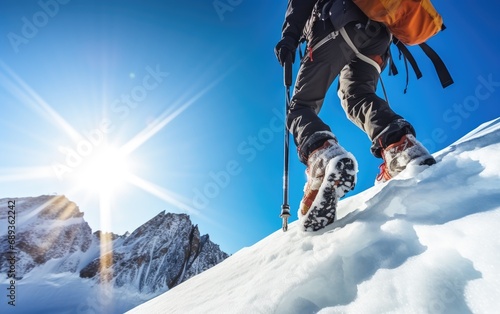 A climber reaching the peak of a snow-covered mountain at a sunny day