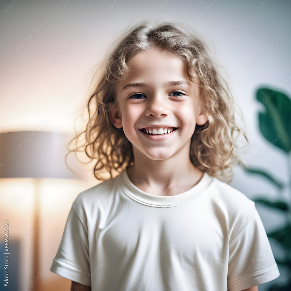 Portrait of a smiling little girl with blond curly hair in a white T-shirt. Portrait of a smiling little girl with blond curly hair in a white T-shirt.