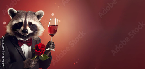 The raccoon is holding champagne and a rose. St. Valentine's Day. Banner. Generated AI. Edited in Photoshop © Infinity