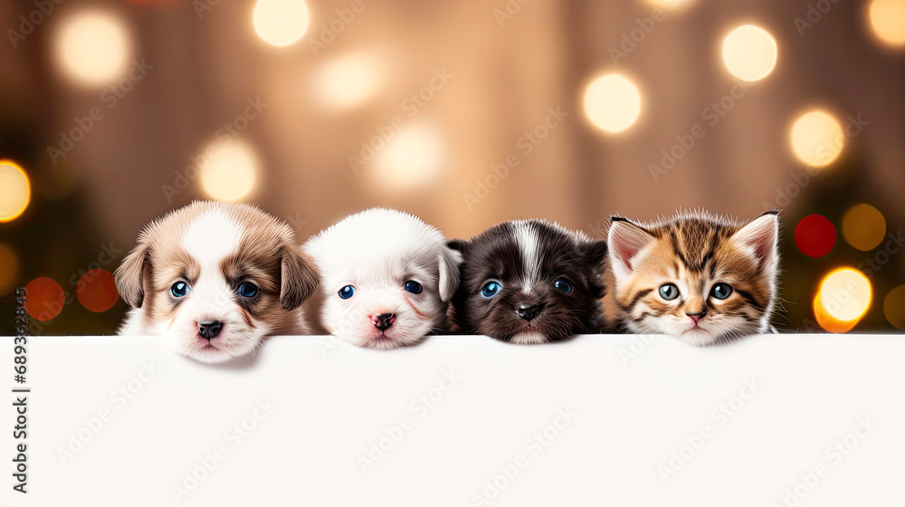 Christmas banner with cute puppies and kittens. Group of dogs and cats with red Santa hats above white banner looking at camera. Christmas signboard or gift card for pet shop or vet clinic. Christmas banner with cute puppies and kittens. Group of dogs and cats with red Santa hats above white banner looking at camera. Christmas signboard or gift card for pet shop or vet clinic.