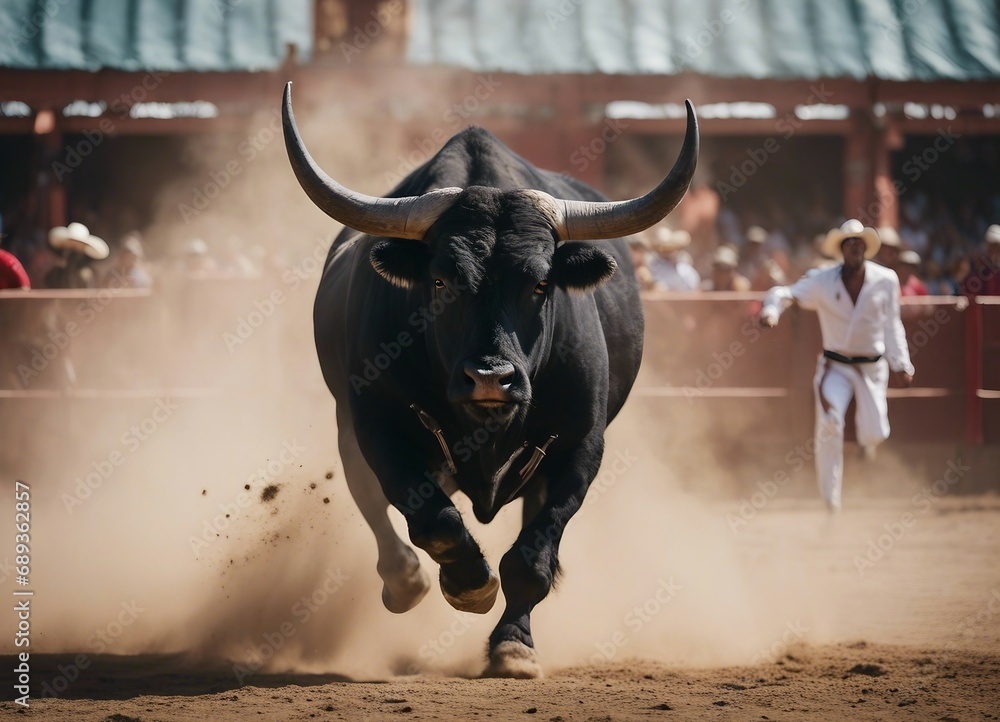 muscled black bull in the bullring, running to the matador in dust and smoke
