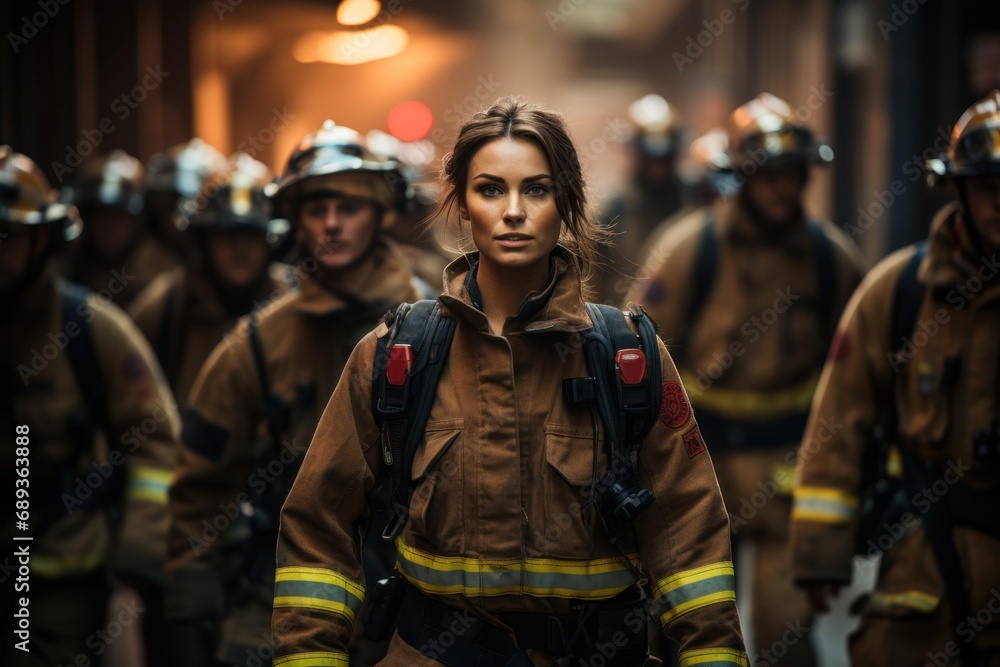 Fototapeta premium a woman wearing a firefighter uniform walking with other people