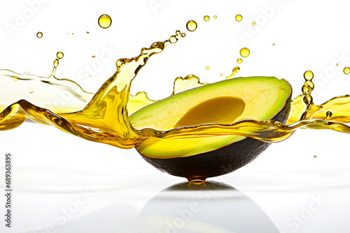 Ripe avocado with drops and splashes of oil around it.