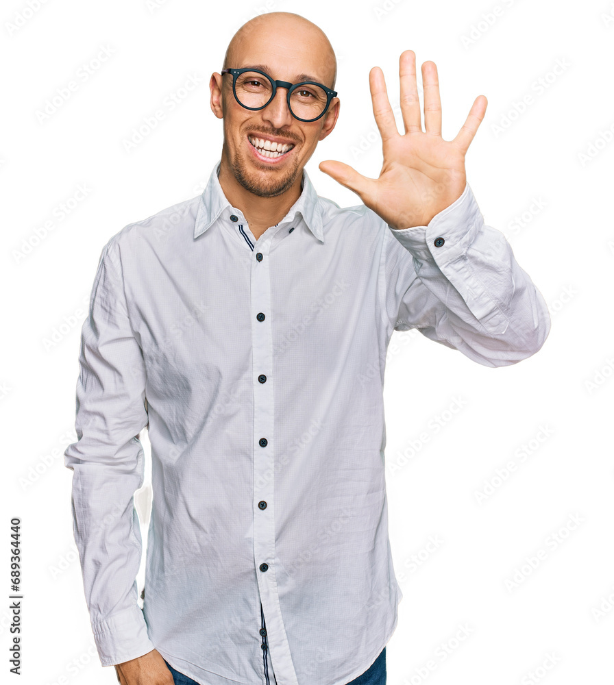 Bald man with beard wearing business shirt and glasses showing and pointing up with fingers number five while smiling confident and happy. Bald man with beard wearing business shirt and glasses showing and pointing up with fingers number five while smiling confident and happy.
